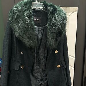 GUESS Women's Green Pea Coat with Faux Fur Collar/